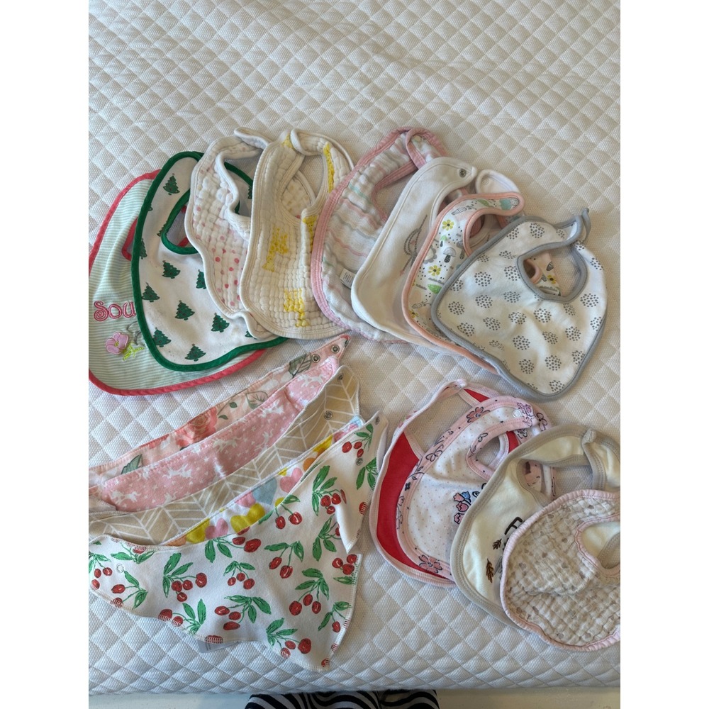 Assorted Baby Bibs Lot Bandana Muslin Cotton Cherry Heart Christmas 17 pc Set